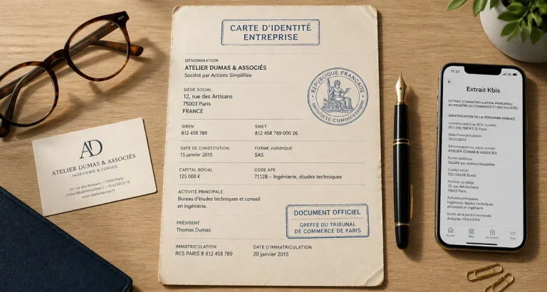 Carte identité entreprise et Kbis sur bureau