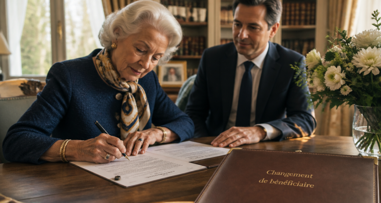 changement bénéficiaire assurance-vie après 80 ans, femme senior signe devant notaire