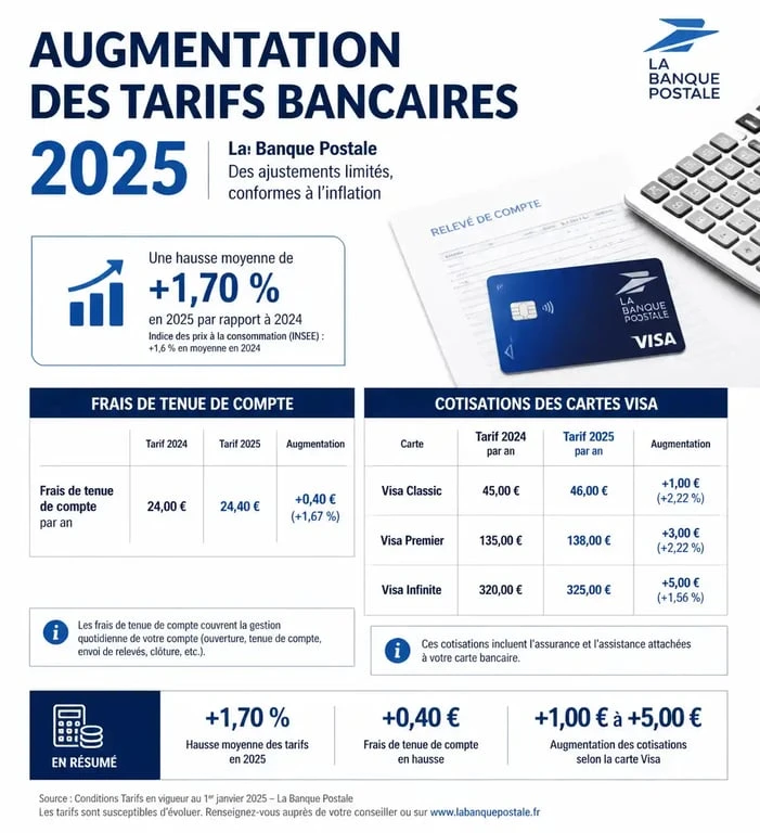 Infographie des tarifs La Banque Postale 2025 : évolution des frais bancaires et cotisations cartes