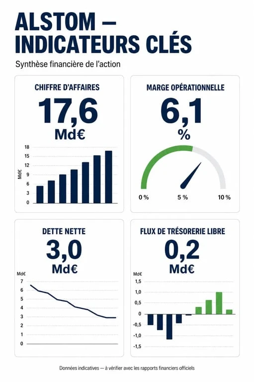 Infographie des indicateurs financiers clés pour l'analyse de l'action Alstom en bourse