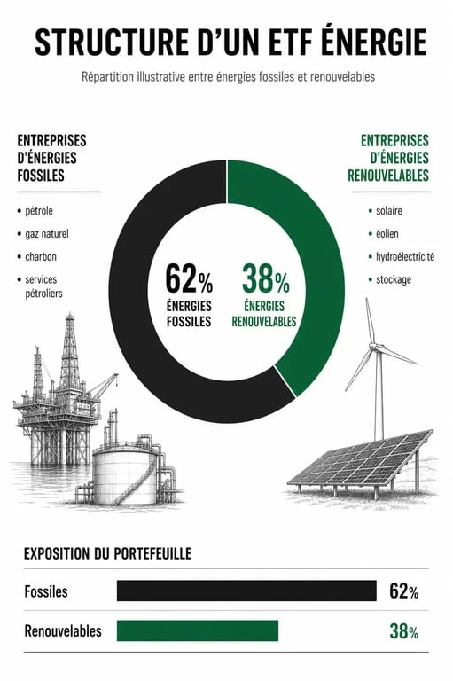 Schéma comparatif des ETF énergies fossiles et renouvelables pour comprendre l'investissement sectoriel