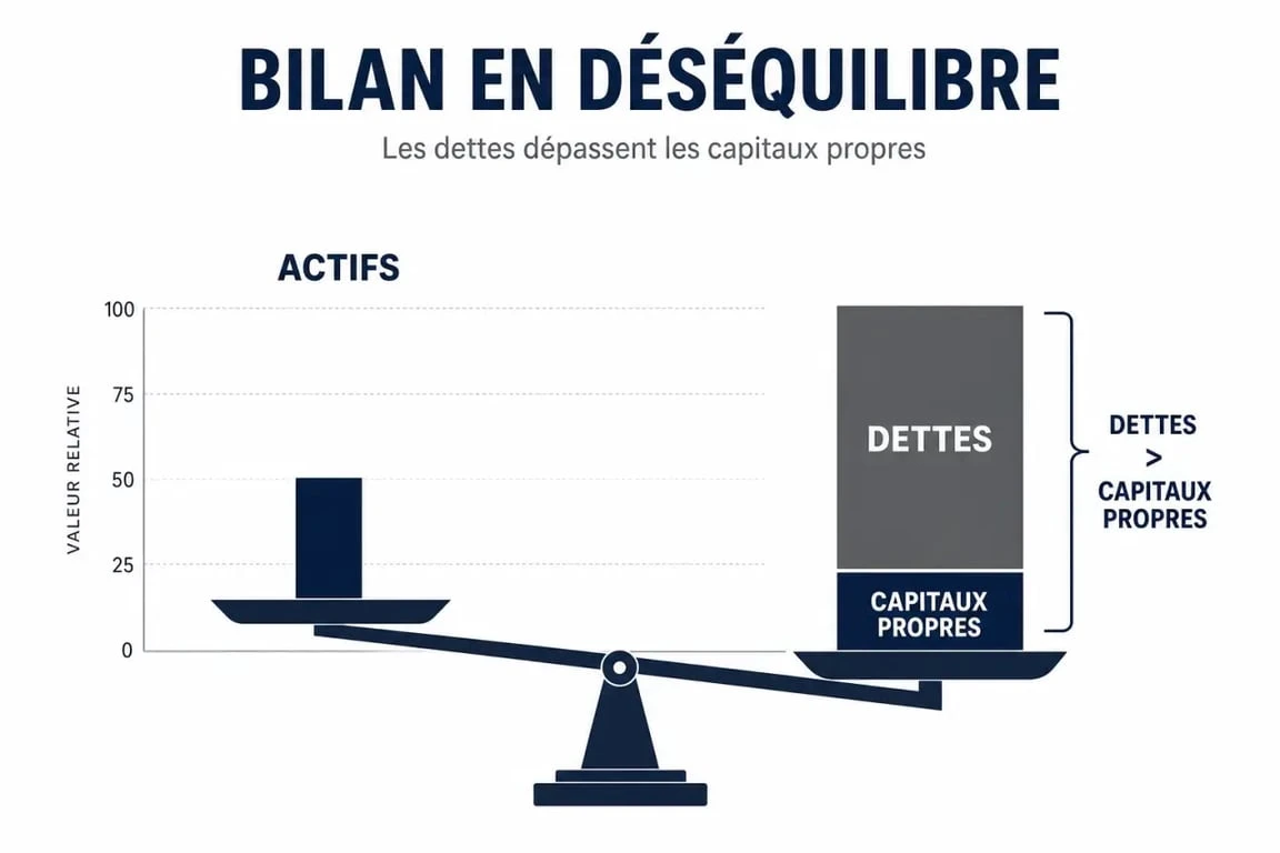 Schéma explicatif d'un bilan financier négatif : actifs contre passif et capitaux propres