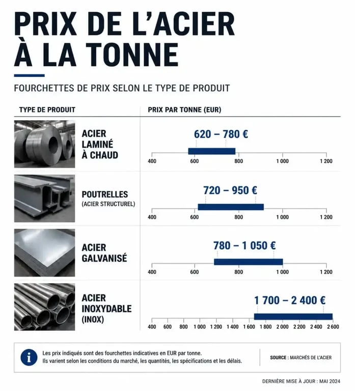 Infographie des prix de l'acier à la tonne par type de produit