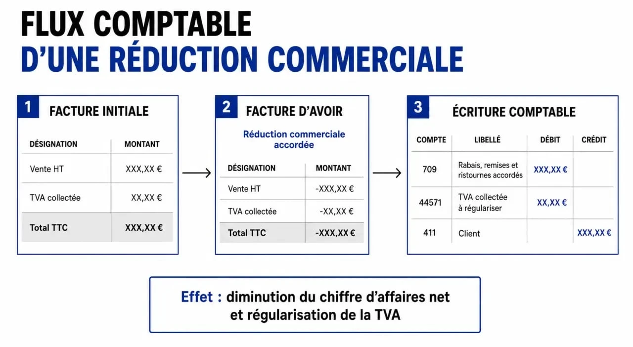 Schéma du flux comptable du compte 709 pour les réductions commerciales