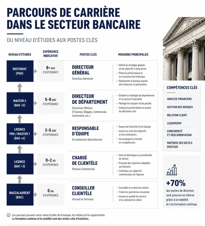 Infographie des parcours et métiers pour travailler dans les banques