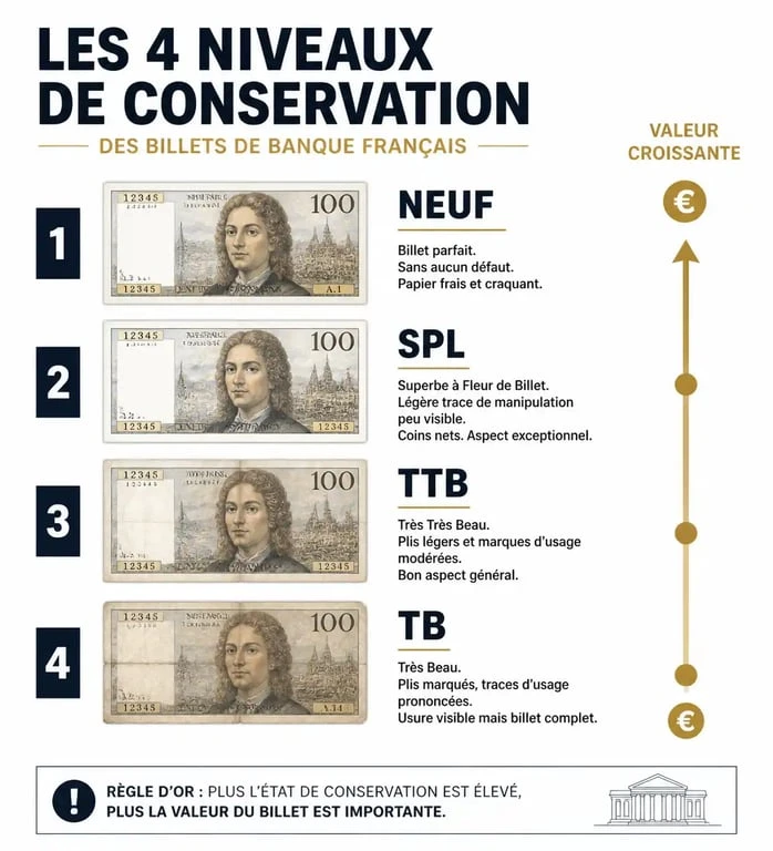 Infographie des états de conservation des billets de banque en francs pour estimer leur valeur de collection