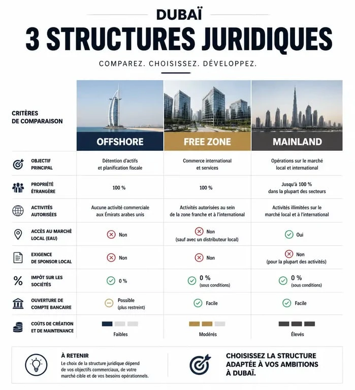 Comparatif des structures juridiques à Dubaï : Société Offshore, Free Zone et Mainland
