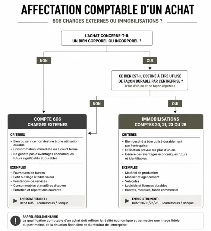 Arbre de décision pour l'affectation comptable d'un achat au compte 606 ou en immobilisation