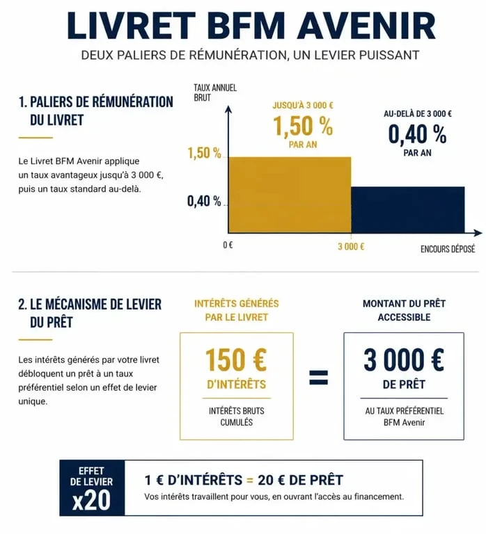 Infographie des taux et avantages du Livret BFM Avenir pour les agents publics