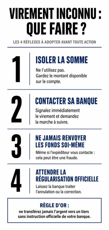 Infographie des étapes à suivre si j'ai reçu un virement inconnu sur mon compte bancaire