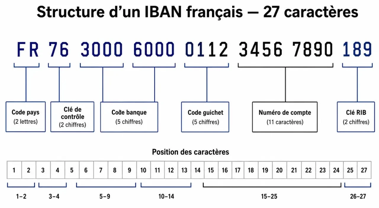 Schéma explicatif de la structure d'un IBAN pour vérifier un RIB