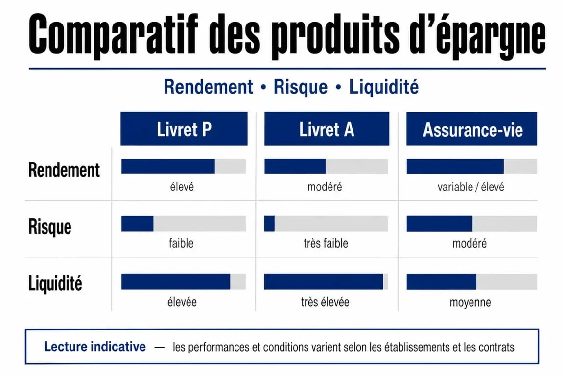 Comparatif visuel des caractéristiques du Livret P par rapport au Livret A et à l'Assurance-vie