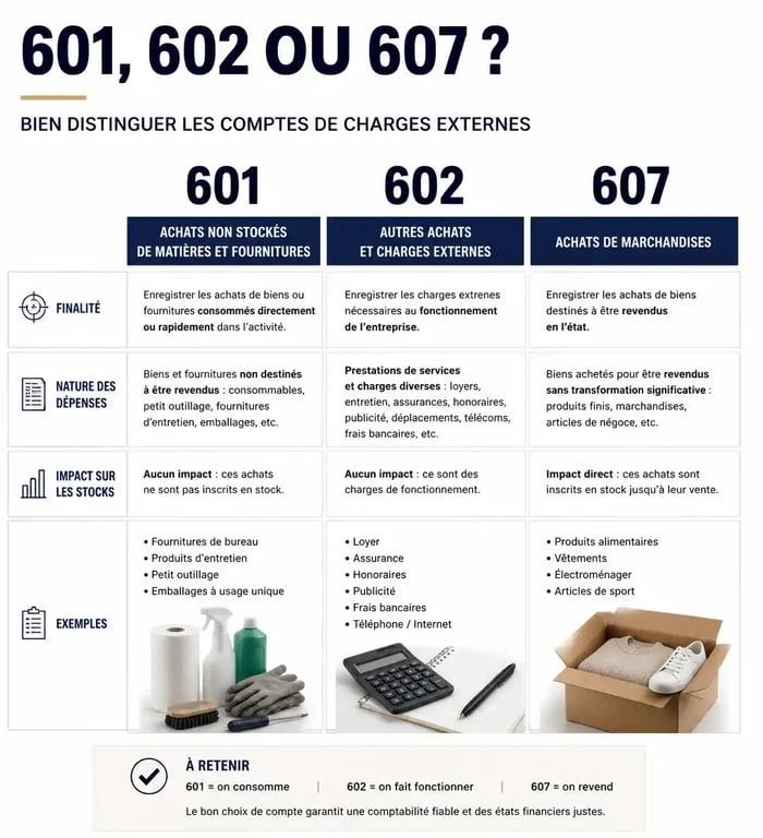 Tableau comparatif des comptes 601, 602 et 607 du plan comptable général pour la gestion des achats