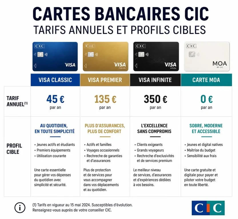 Comparatif des tarifs et profils des cartes bancaires CIC : prix et avantages