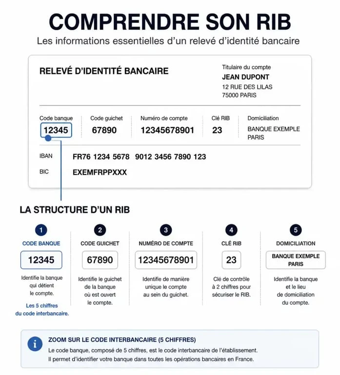 Schéma explicatif de la structure d'un RIB français localisant le code interbancaire