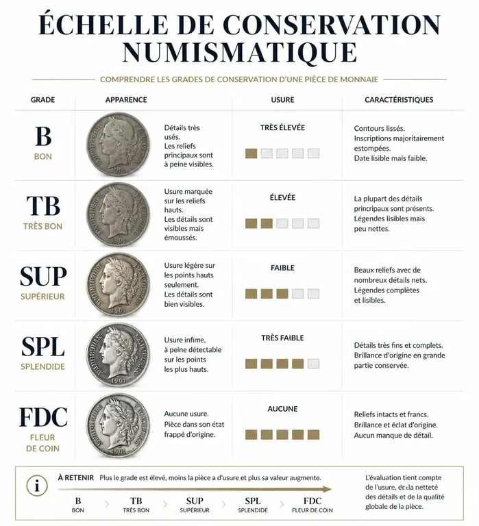 Échelle des états de conservation pour l'estimation de la valeur d'une pièce en francs