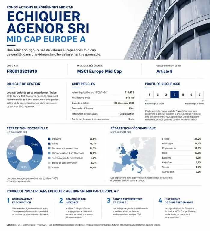 Infographie des caractéristiques et indicateurs clés du fonds d'investissement Echiquier Agenor SRI Mid Cap Europe A FR0010321810