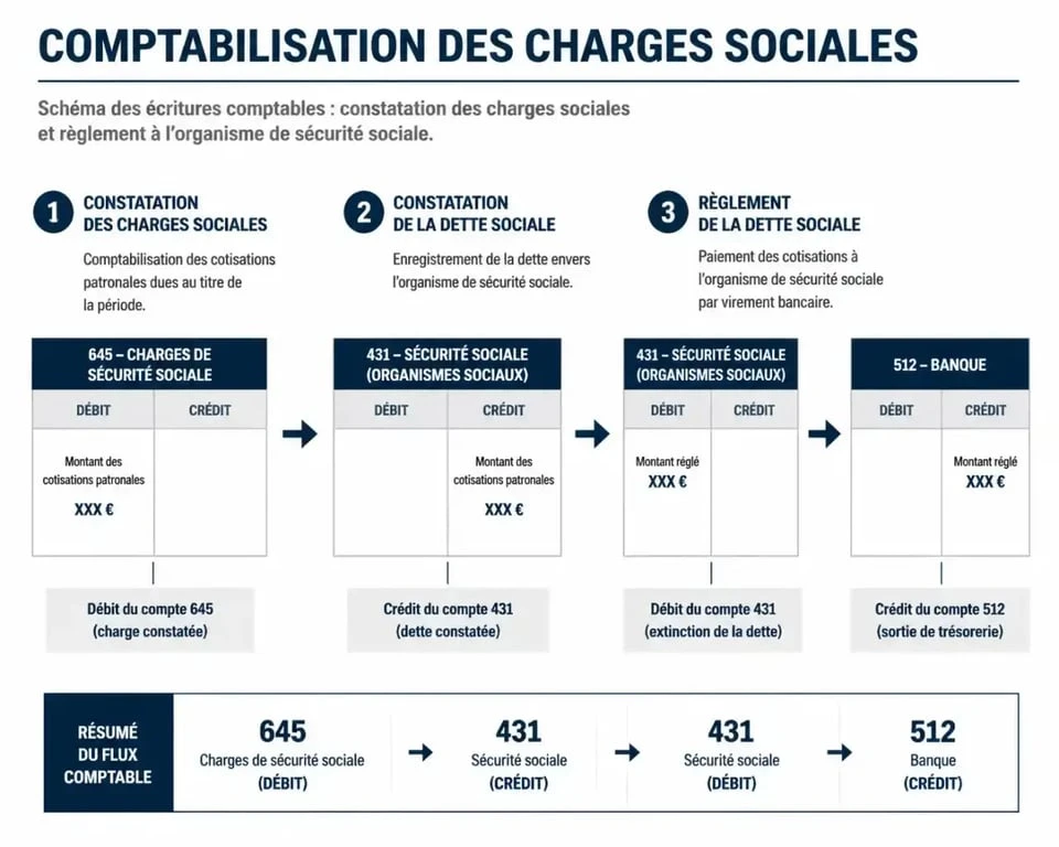 Schéma du flux comptable du compte 431 pour les cotisations sociales