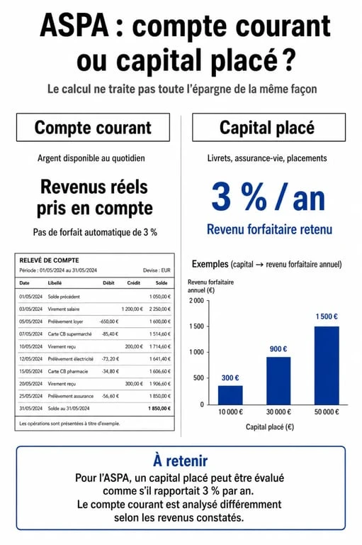 Infographie sur le calcul de l'ASPA et l'impact du capital placé et du compte courant sur les ressources