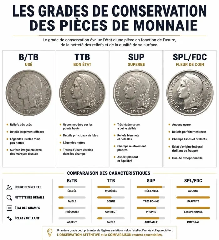 Grades de conservation des pièces de monnaie pour estimation et vente à Paris