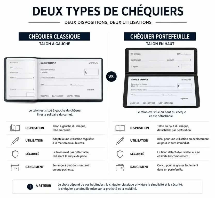 Comparatif visuel entre un chéquier classique et un chéquier portefeuille pour comprendre la différence de format