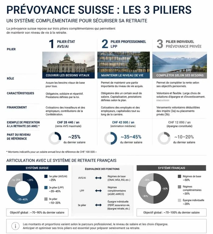 Schéma explicatif des piliers de retraite suisse et coordination avec la France pour les travailleurs frontaliers