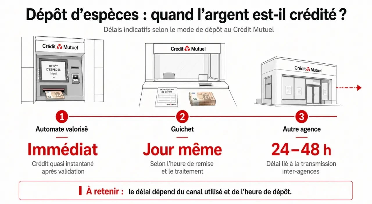 Infographie des délais de dépôt d'espèces au Crédit Mutuel : automate, guichet et agence