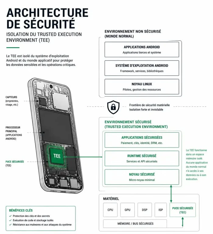 Schéma de l'architecture de sécurité TEE du téléphone Solana pour la protection des clés privées
