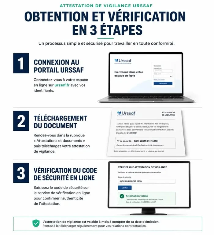 Schéma du processus d'obtention et de vérification d'une attestation de vigilance URSSAF pour les entreprises