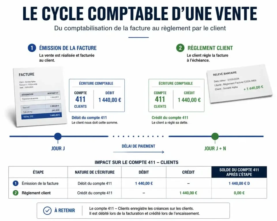 Schéma explicatif du fonctionnement du compte 411 en comptabilité