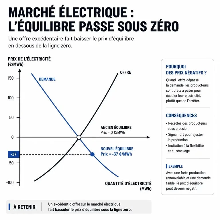 Schéma explicatif du mécanisme des prix négatifs de l'électricité sur le marché de gros