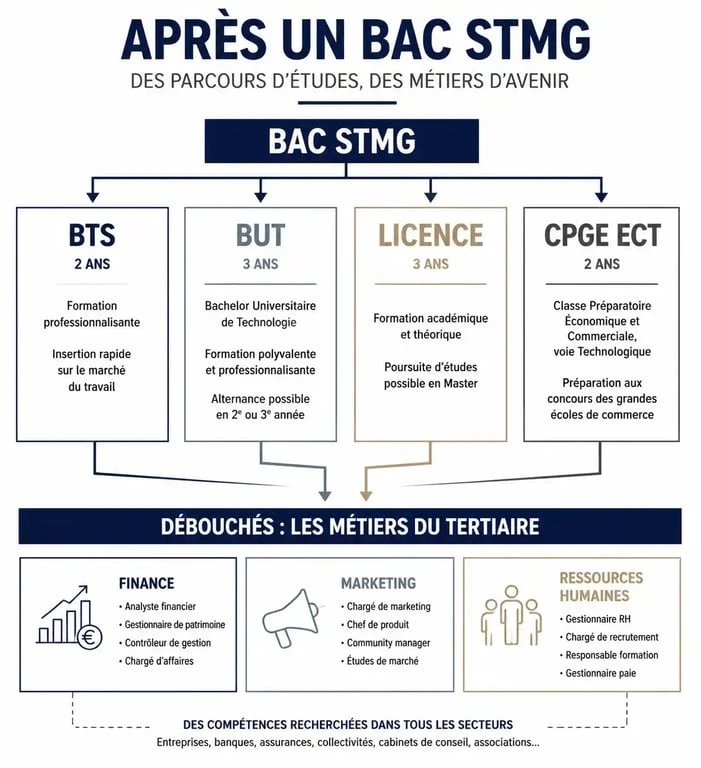 Schéma des débouchés et orientations après un bac STMG