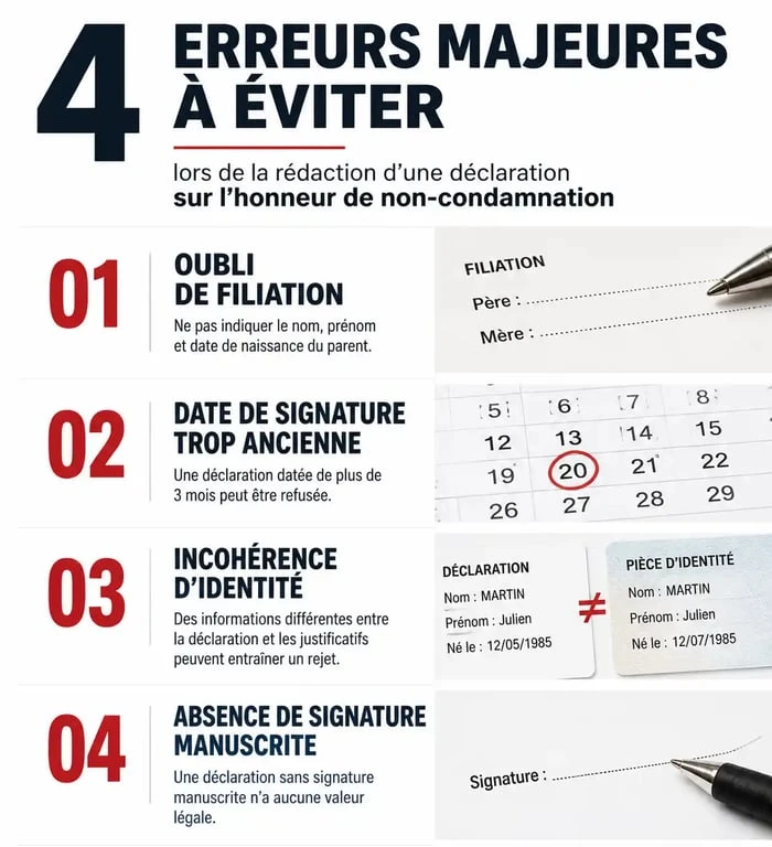 Infographie des erreurs fréquentes à éviter sur une déclaration sur l'honneur de non condamnation