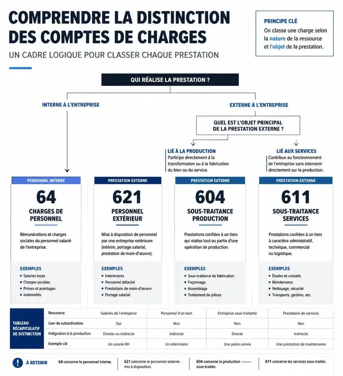 Infographie comparative des comptes comptables 621, 604, 611 et 64 pour la gestion du personnel et de la sous-traitance