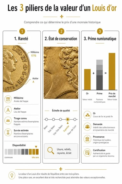 Infographie des critères de valorisation d'un Louis d'or le plus cher : rareté, état et prime numismatique