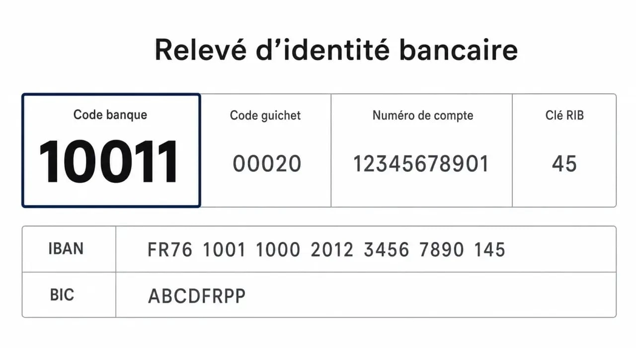 Schéma explicatif d'un RIB bancaire montrant la position du code banque 10011