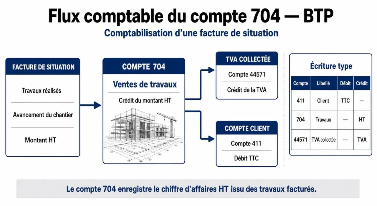 Schéma du flux comptable du compte 704 pour les entreprises du bâtiment