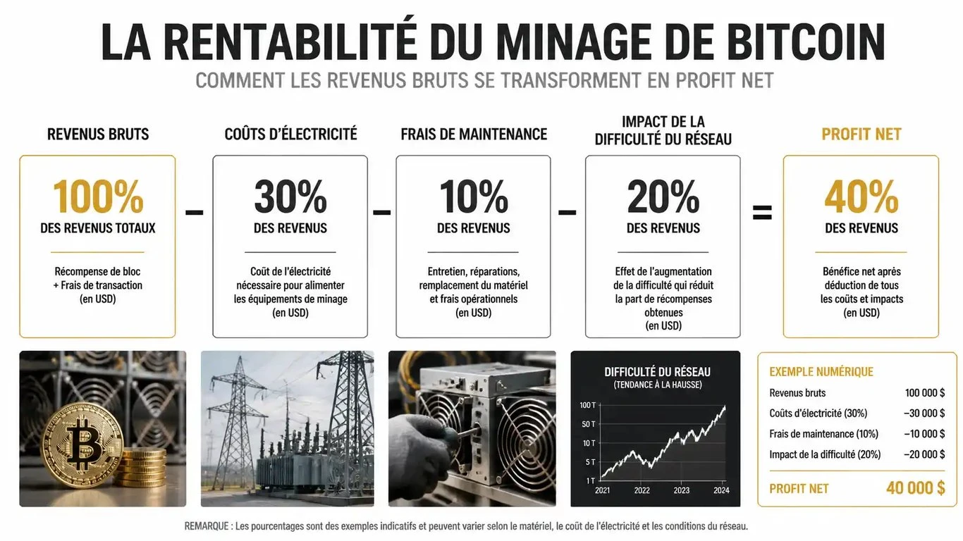 Infographie illustrant la décomposition de la rentabilité du minage Bitcoin sur GoMining