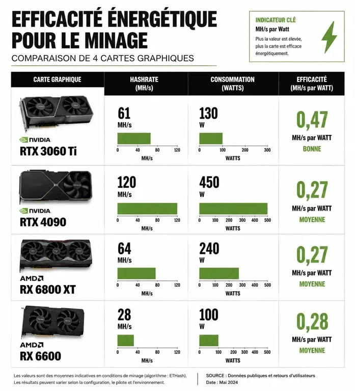 Comparatif des performances et de l'efficacité énergétique des cartes graphiques pour le minage de cryptomonnaies