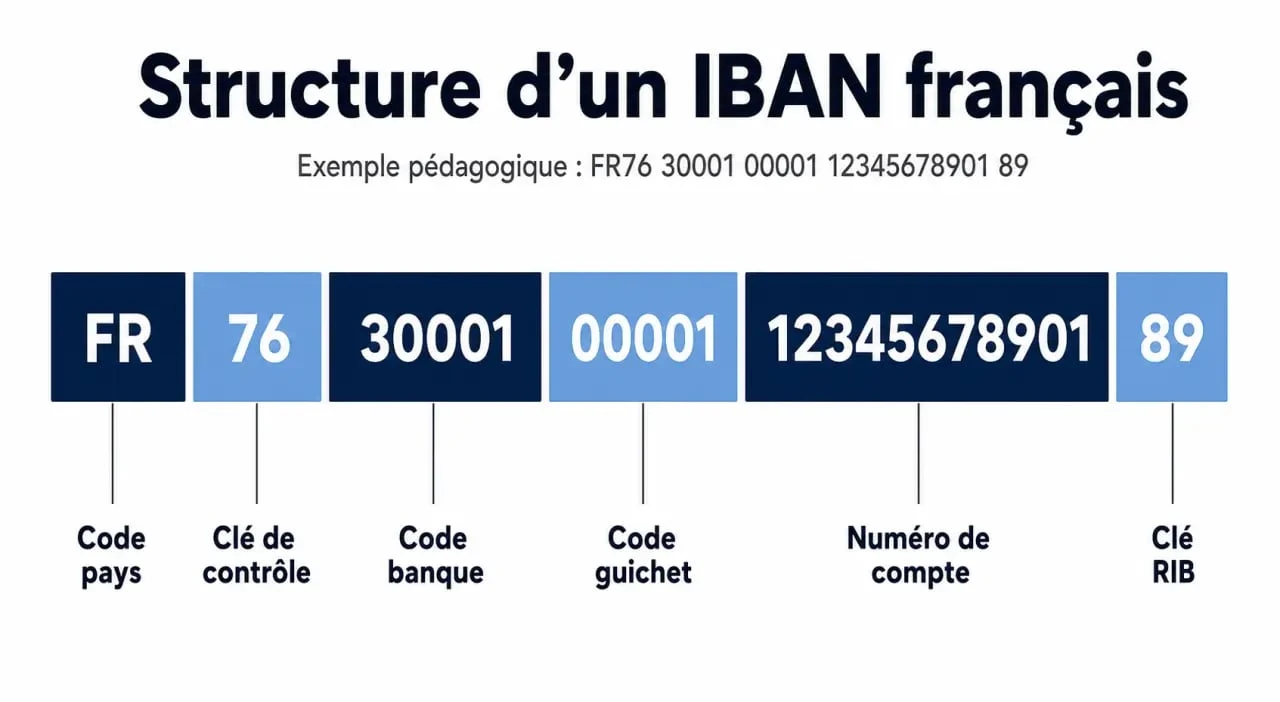 Schéma explicatif de la structure d'un IBAN français avec le code banque 30001