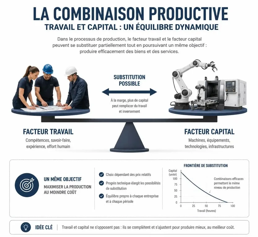 Infographie illustrant la combinaison productive et la substitution entre le facteur travail et le facteur capital pour les facteurs de production.