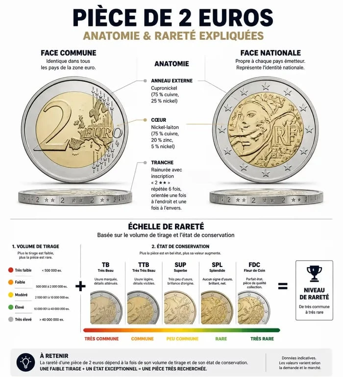 Infographie explicative sur l'anatomie et les critères de rareté des pièces en euros pour les collectionneurs