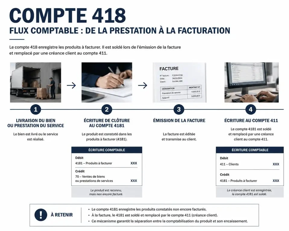 Schéma du flux comptable du compte 418 : de la livraison à la facturation