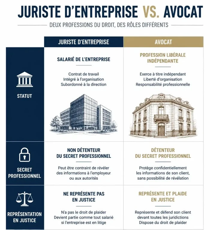 Infographie comparative illustrant la différence entre juriste et avocat
