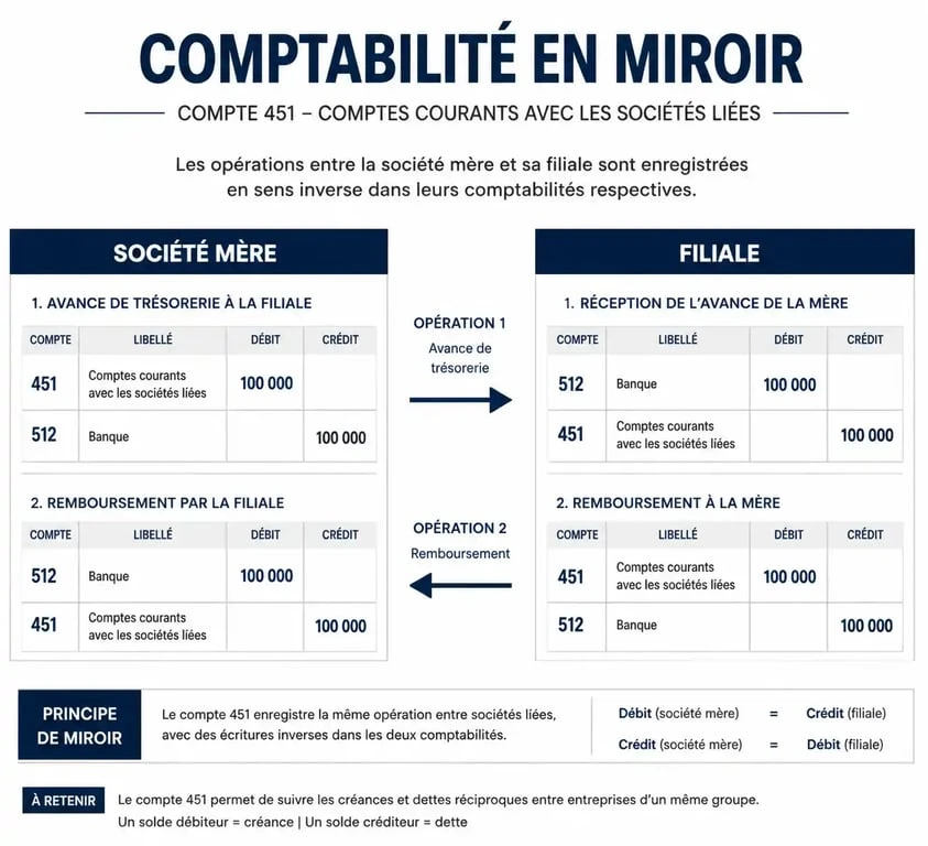 Schéma du fonctionnement du compte 451 entre une société mère et sa filiale