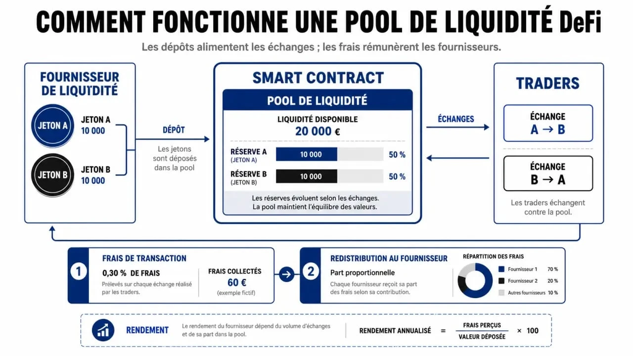Schéma explicatif du fonctionnement d'une pool de liquidité pour le yield farming en finance décentralisée