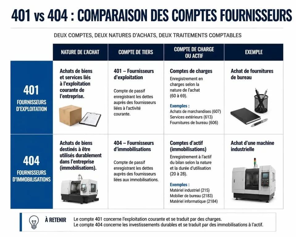 Tableau comparatif entre le compte 401 et le compte 404 pour la comptabilisation des achats d'immobilisations