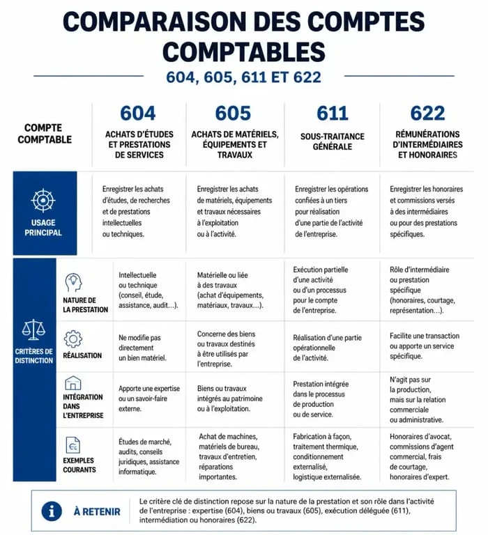 Tableau comparatif des comptes comptables 604, 605, 611 et 622 pour la gestion des charges d'exploitation