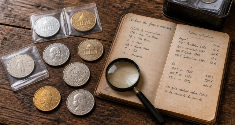 plateau avec pieces francs valeur et carnet
