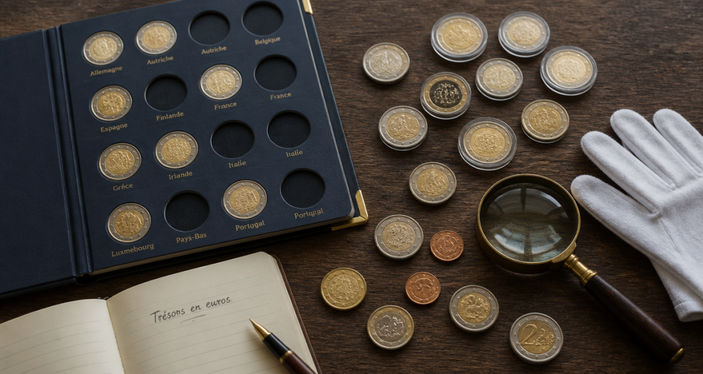 Pièces en euros sur plateau avec album et loupe